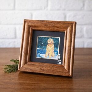 Vintage Golden Retriever Miniature Art Framed Winter Dog Painting 4.5" Sq Decor